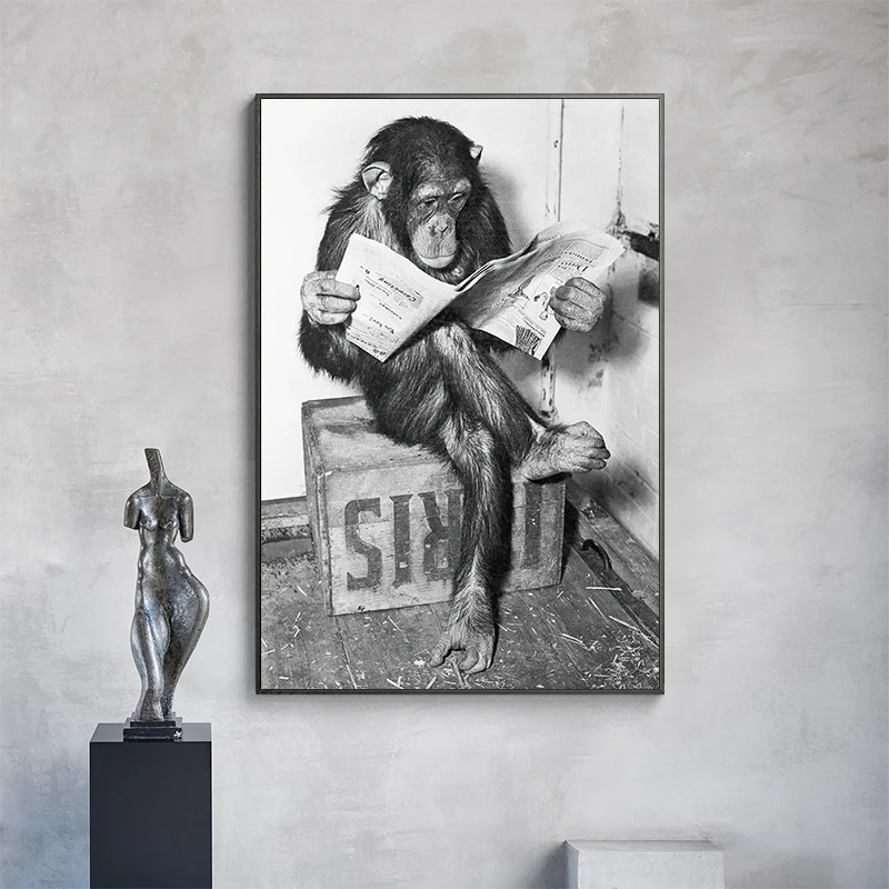 Funny Monkey Reading Newspaper Poster and Print Canvas Painting Business Black White Wall Art For Living Room Home Decoration