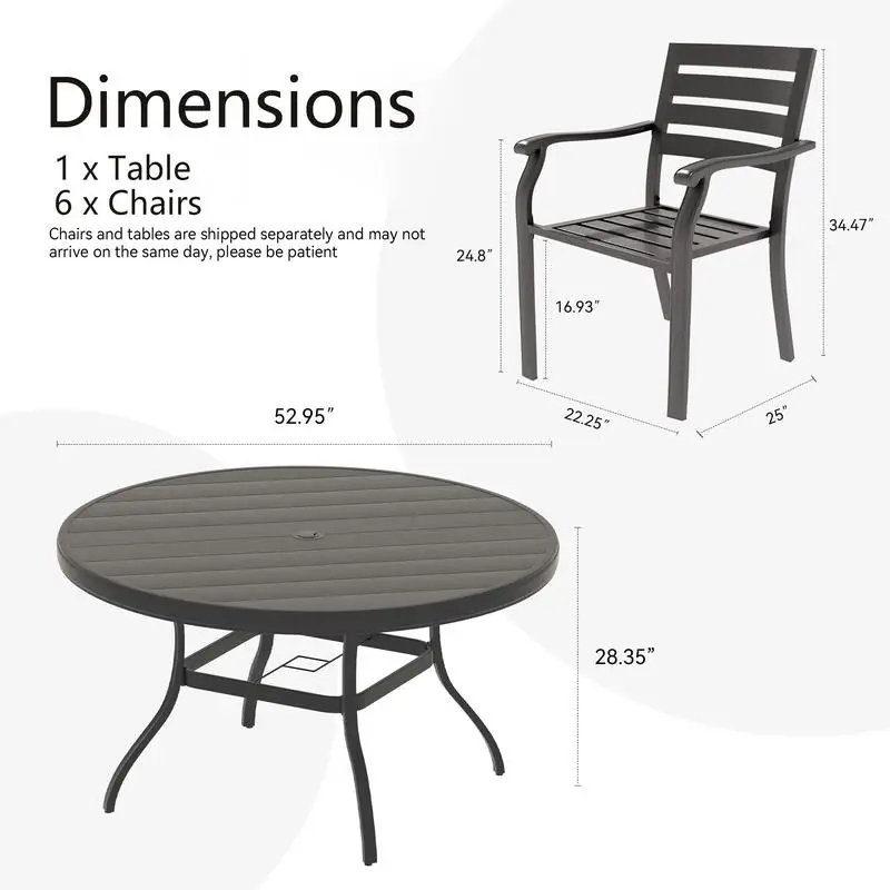 7-Piece Outdoor Patio Dining Set with 6 Stackable Metal Chairs and 52.95-Inch Round Metal Table for Lawn, Garden, Backyard, and
