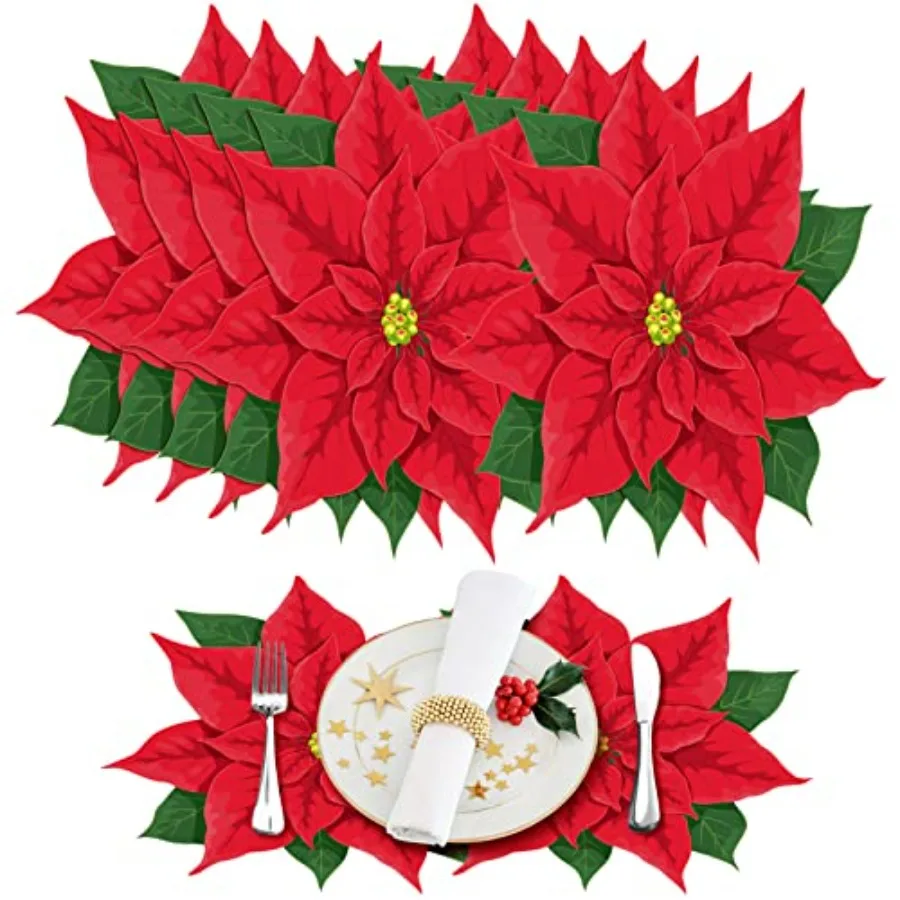 

36 Pieces Christmas Paper Placemats Holiday Poinsettia Flower Snowman Placemats for Home Holiday Table Top Decoration