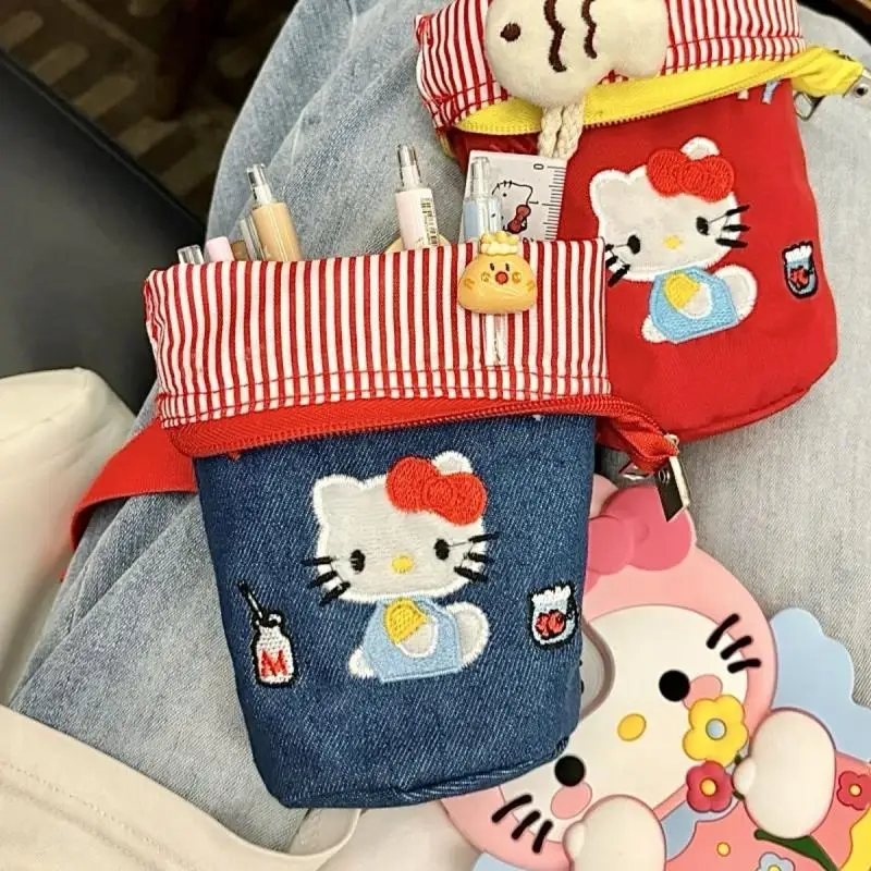 Kawaii Sanrio periféricos de animé Hello Kitty cubo bordado de dibujos animados estuche de lápices plegable bolsa de almacenamiento de gran capacidad