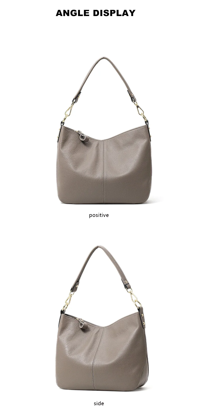 Echte Leder-Schultertasche für Damen, Aufbewahrungshandtasche, Schlichte und Leichte Graue Einkaufstasche – Detail 9