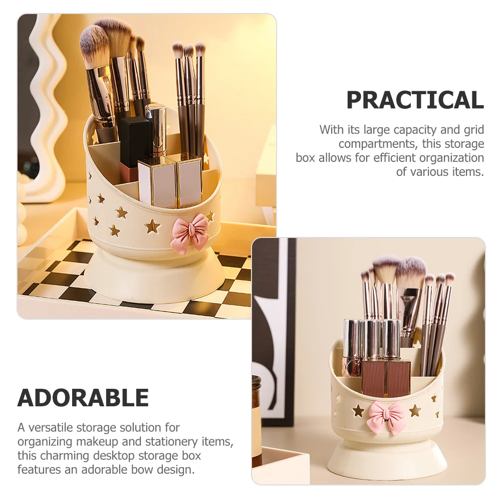 

PP Makeup Brush Holder with Adorable Bow Large Capacity Compartment Organizer for Vanity Desk Storage of Cosmetics Eyeshadows