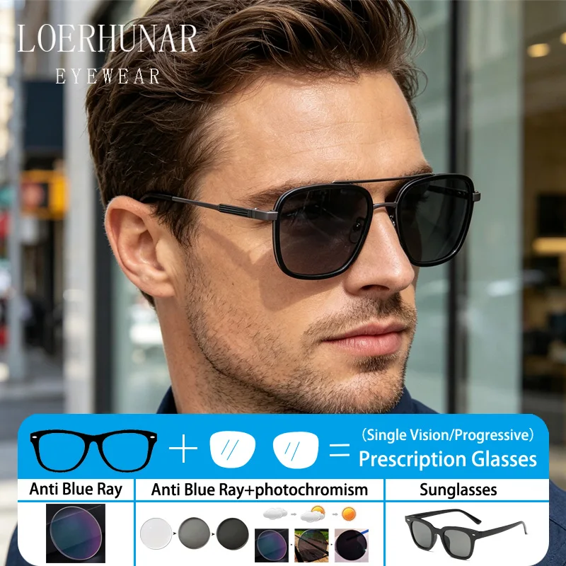 Vintage Leisure Square Large TR90 Double Eyeglass Frame Men Anti Blue Light Optical Prescription Customized Polarized Sunglasses