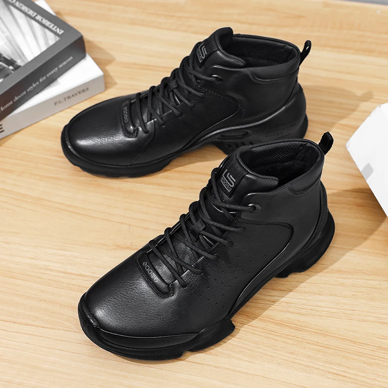 

Man Sports Sneakers Black High Top Leather Cowhide Shoes Arch Support Shoes Anti Slip Durable Injection Form