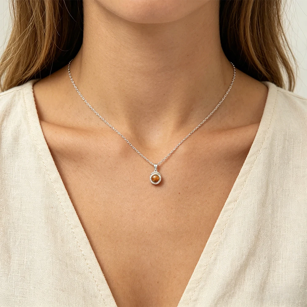 Tiger Eye Cz Halo Necklace For Women Minimalist Dainty Pendant For Everyday Office Wear And Romantic Date Nights Jewelry Gift