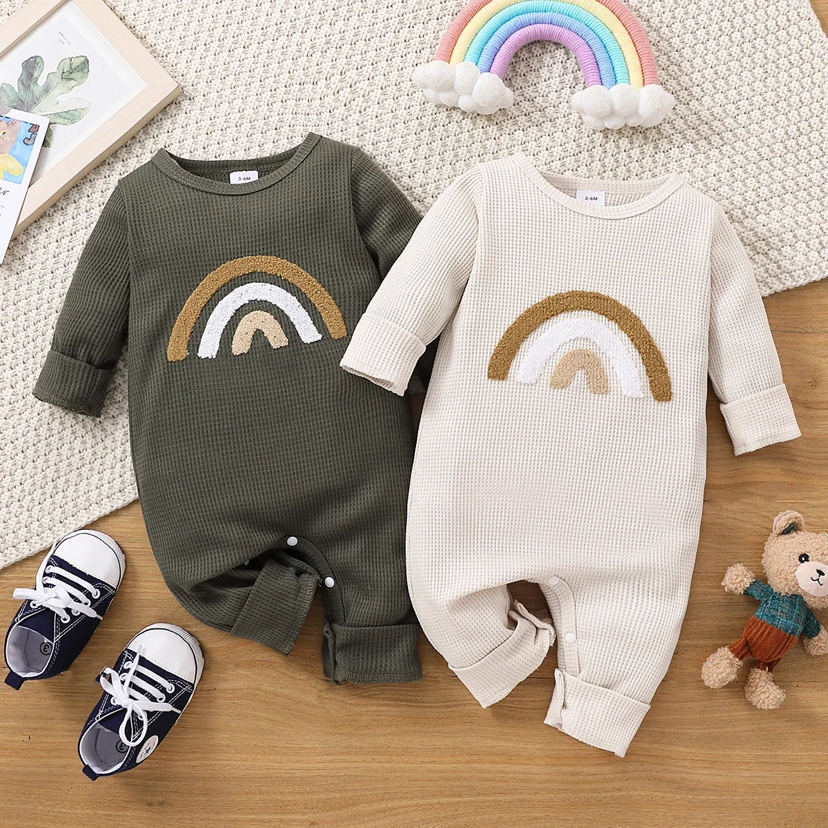 PatPat Baby Boy Rainbow Embroidered Long-sleeve Waffle Jumpsuit Soft and Comfortable  Perfect for Outings and Daily Wear