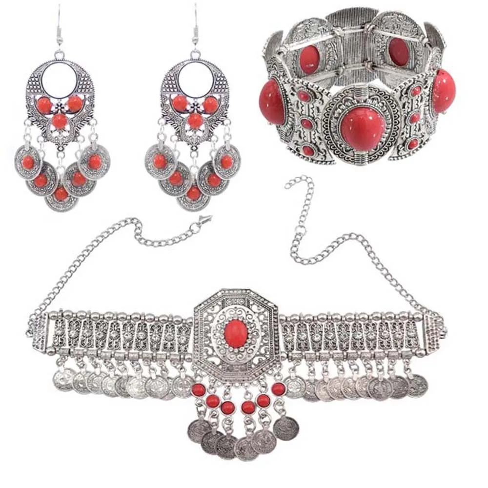 Gypsy Necklace Bracelet Earring Sets for Women Boho Hippie Coin Tassel Red Blue Stone Turkish Tribal Jewelry Set Party Gift