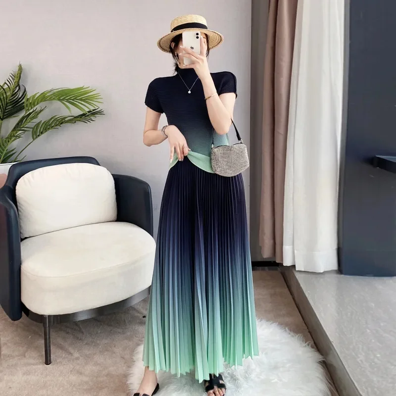 Summer Women Big Swing Skirt 2PCS Korean Femme Short Sleeve Pleated Long Skirts 2025 Lady Wrinkle Gradient Color Two-piece Set