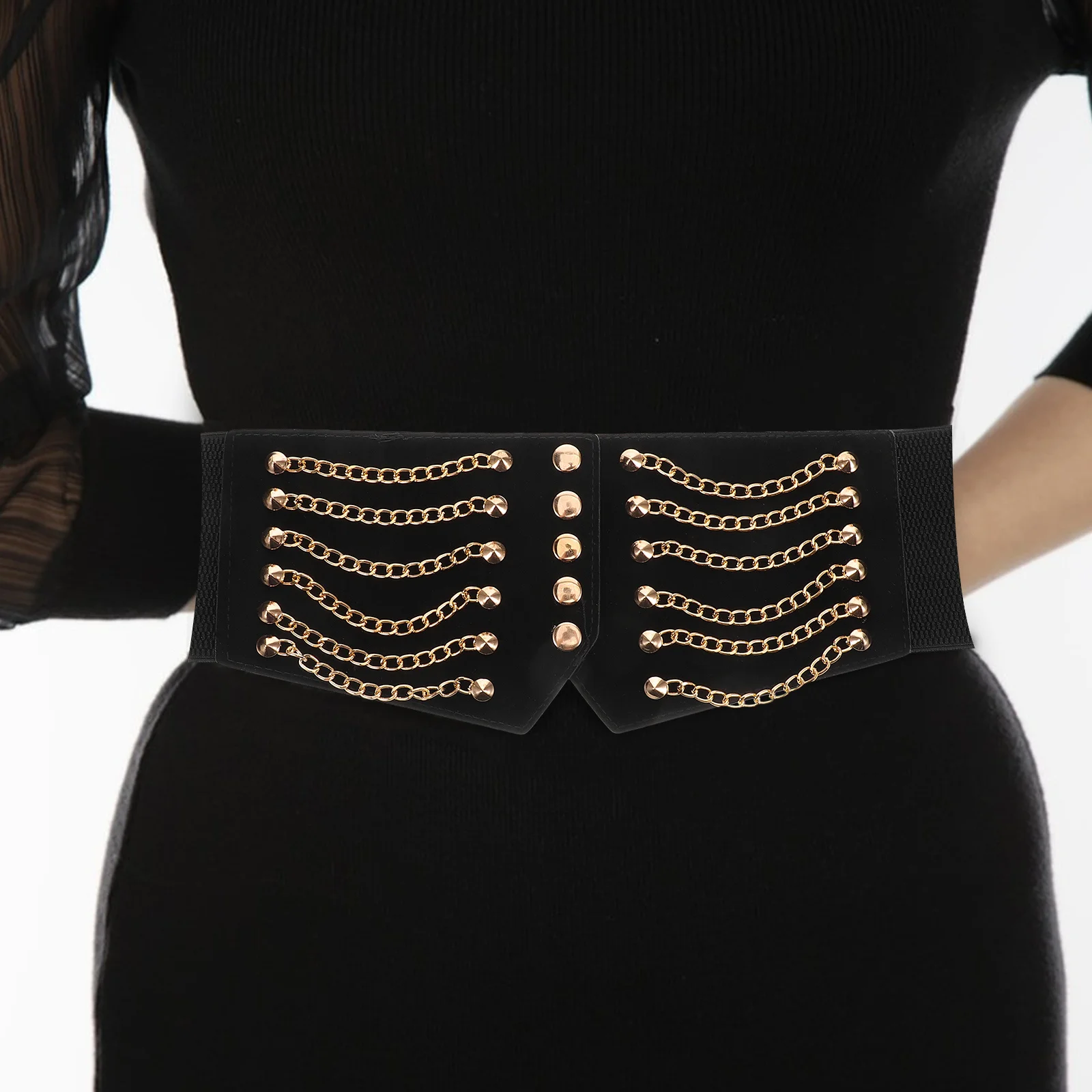 حزام خصر عريض، سلاسل برشام مرنة، حزام خصر قابل للتمدد باللون الأسود، مثالي لحزام الخصر التنكري للهالوين