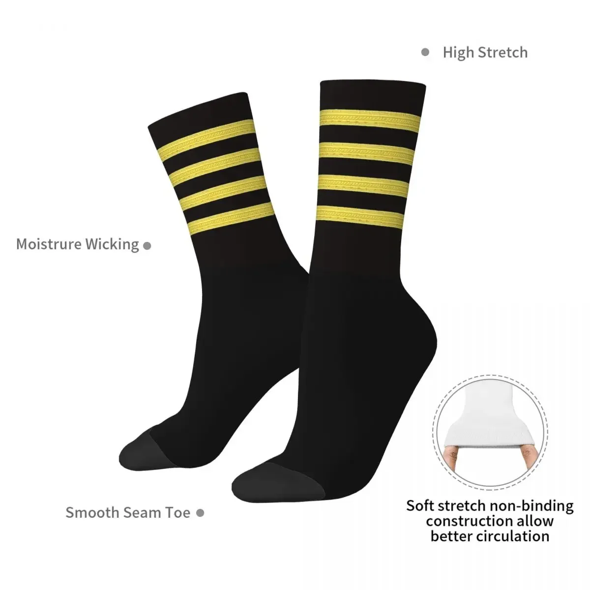 Captain Pilot Four Stripes Socks Harajuku Sweat Absorbing Stockings All Season Long Socks for Man's Woman's Birthday Present