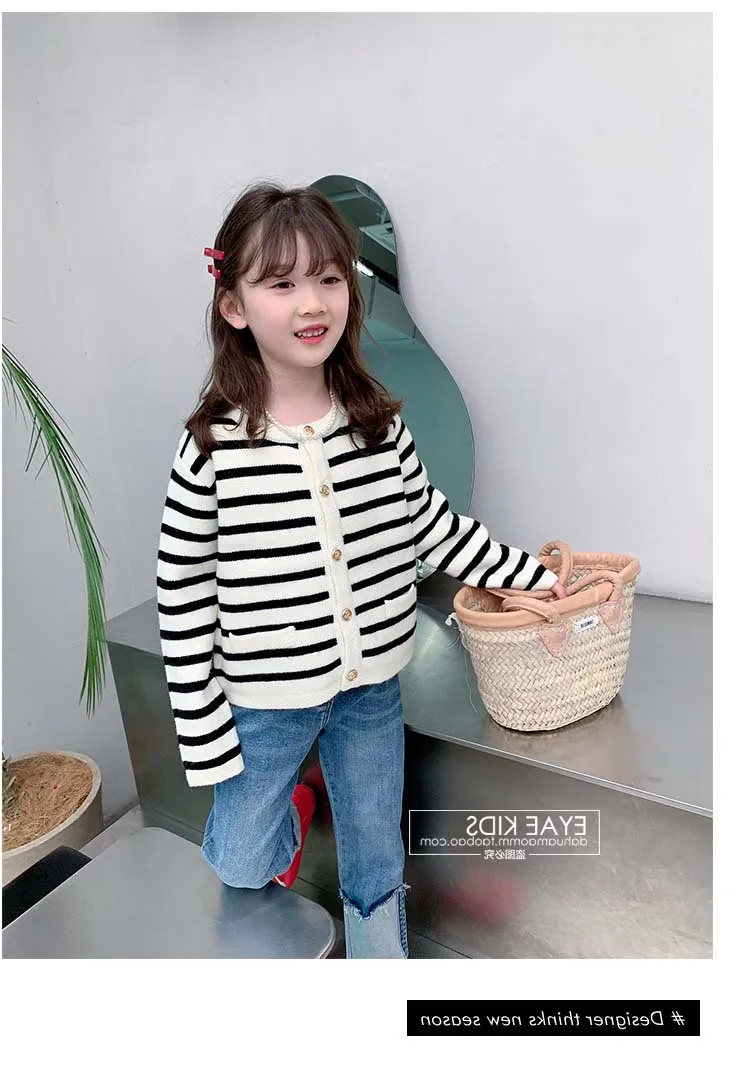 Maglione cappotto ragazze cappotto primaverile nuovi bambini abbigliamento Stripe Knitting punto aperto bambino autunno bottone a righe singola fila