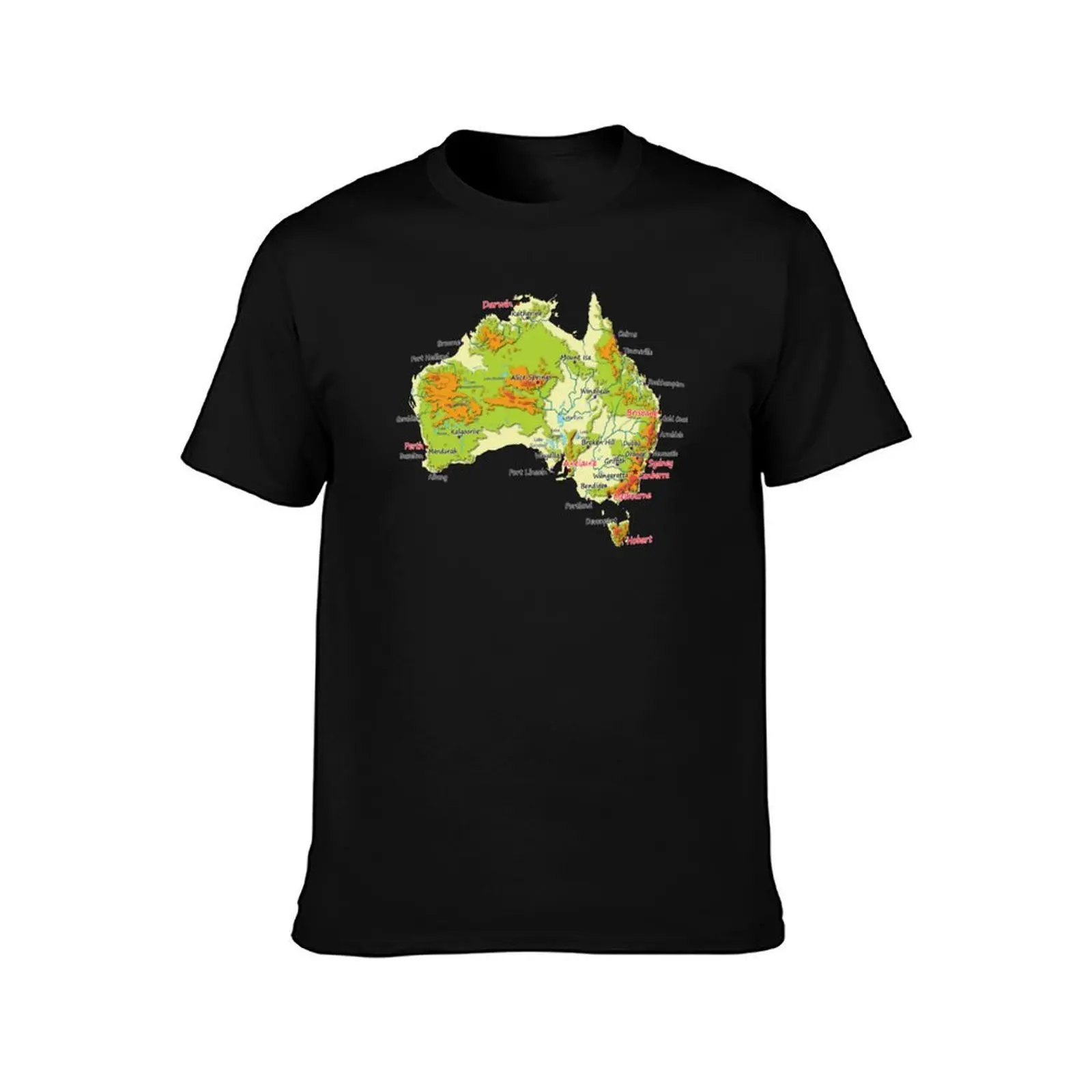 Australia physical map topographic map of Australia coast, Capitals and Major cities T-Shirt, Summer Casual Cotton Tee