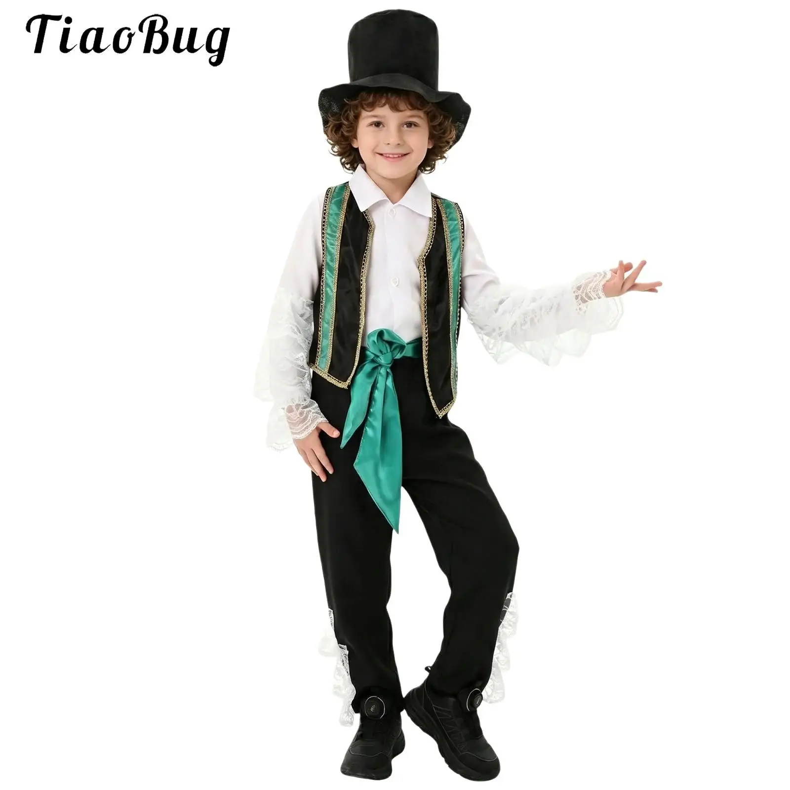 Kids Boys Retro Renaissance Costume Ruffled Long Sleeve Shirt Open Front Vest Waistcoat Pants Belt Hat Set Carnivals Performance