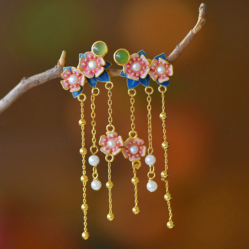 

Natural Hetian Jasper Plum Blossom Tassel Earrings S925 Sterling Silver Earrings Retro Style Earrings