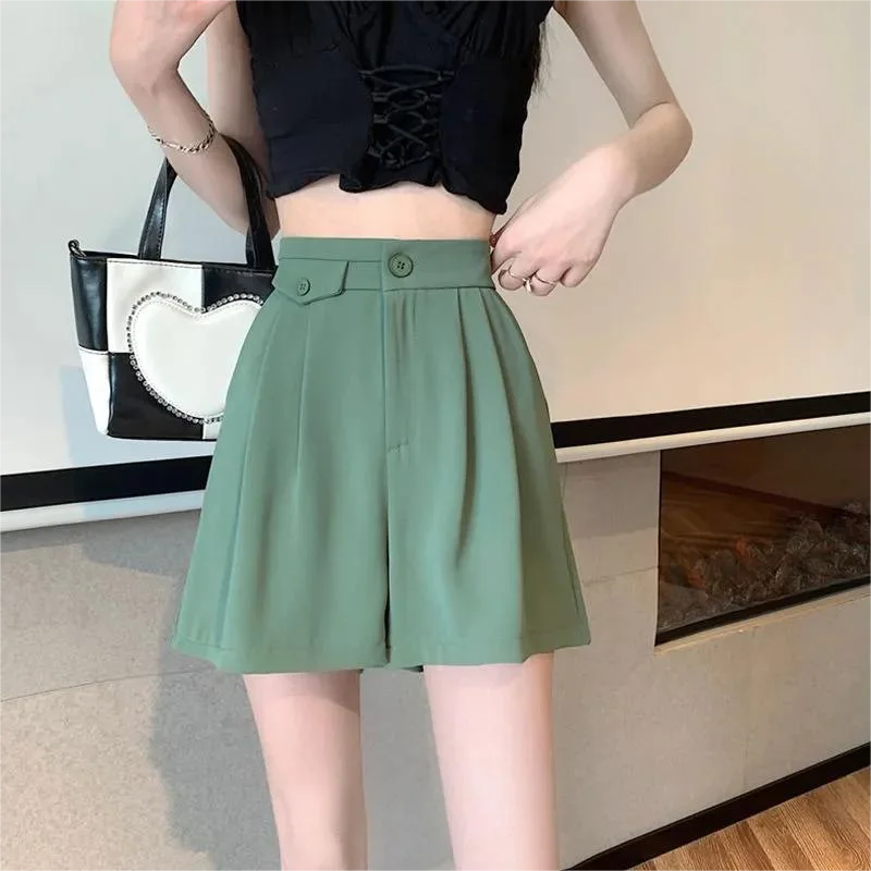 

Korean Casual High Waist Solid Color Loose Shorts for Female Fashion All-match Button Spliced Summer Pants Women's Clothing