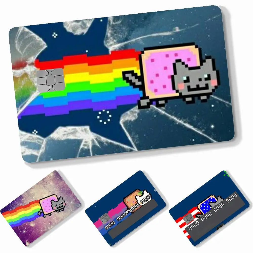 cute Rainbow Alien Nyan Cat 4pcs Credit Card Skin Stickers Suitable for Bank Debit Subway Bus Transit Pass Decorative Cover