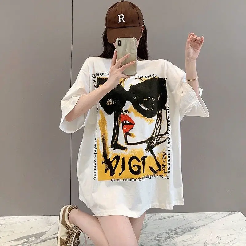 

100% Cotton T Shirt Women's Trend fashion beading T-Shirt Korean Cartoon short sleeve tops Girl's Oversized Tshirt 2025 summer