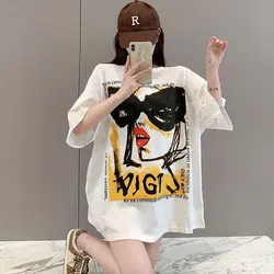 100% Cotton T Shirt Women's Trend fashion beading T-Shirt Korean Cartoon short sleeve tops Girl's Oversized Tshirt 2025 summer