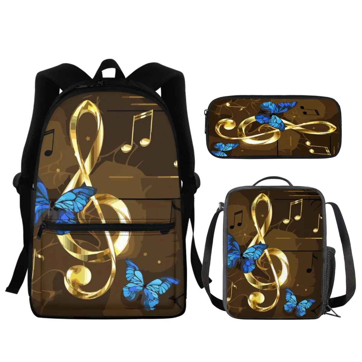 

FORUDESIGNS Music Note Bookbags 3Pcs/Set Student Pencil Case Shoulder Diagonal Meal Bag Portable Butterfly Stave Mochila Compact