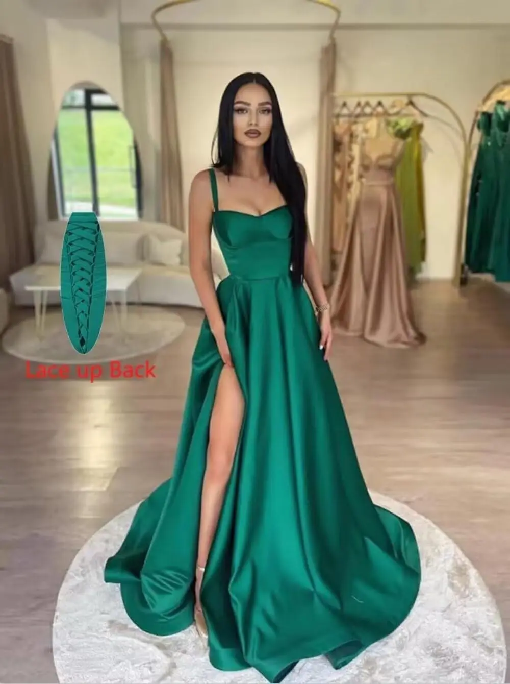 Elegant Green Women Spaghetti Straps Satin Prom Dress Long Side Slit A-line Formal Evening Luxurious Dresses With Pockets