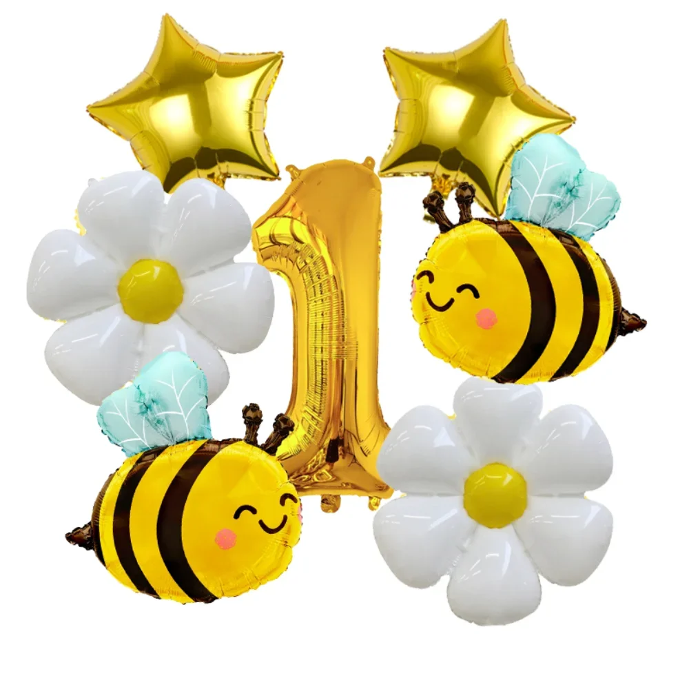 6 uds globo de Margarita de abeja de dibujos animados 32 pulgadas juego de globos de aluminio con números dorados globo de flor de Margarita suministros para fiesta de cumpleaños con tema de abeja