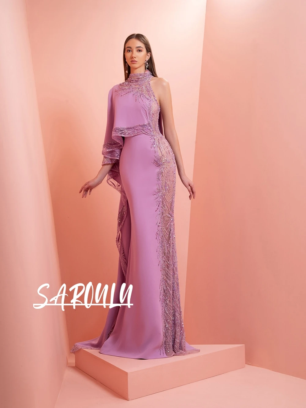 

Purple Mermaid Beads Sequins Embroidery Evening Gown Modern Chic Side Cape Graceful Intricate Banquet Customized Prom Dress
