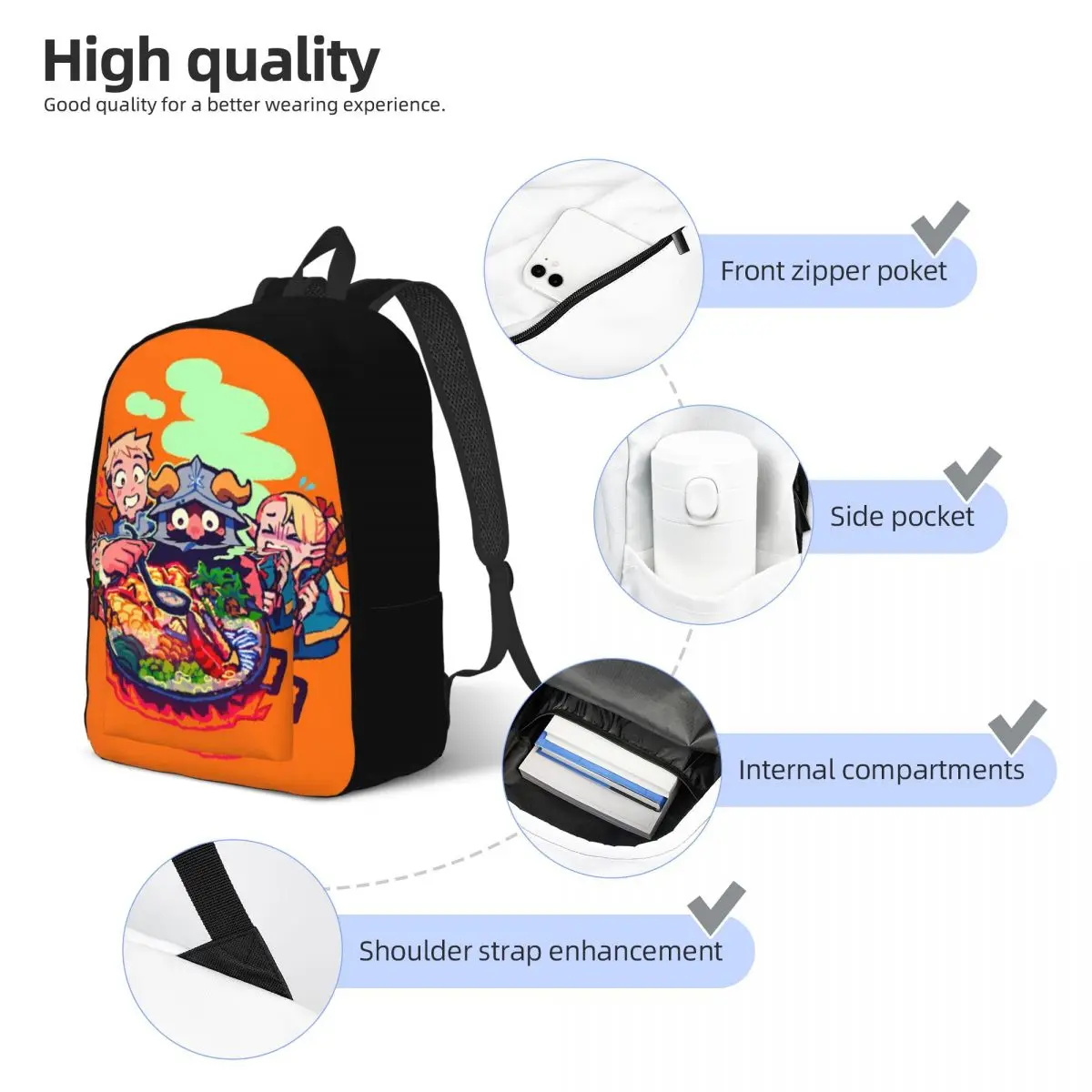 Delizioso In Dungeon Meshi Anime Cartoon Food zaino per adolescenti Outdoor Student Work Daypack per uomo donna College Canvas Bags