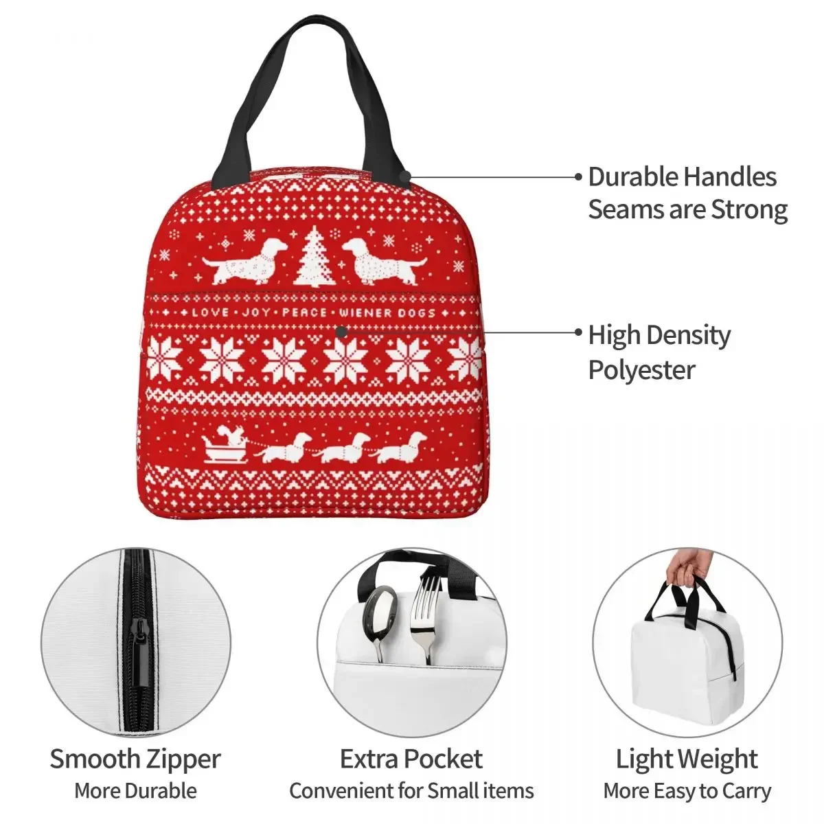 Dachshunds-Camisola do Natal Isolados Lunch Bags, Leakproof Lunch Container, Cooler Bag, Escola, Outdoor Food Bolsas