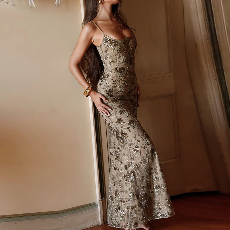 Abito da festa da donna sexy con bretelle sul petto Abito da festa senza maniche con stampa floreale 2026 Abito lungo casual slim fit con spalle scoperte