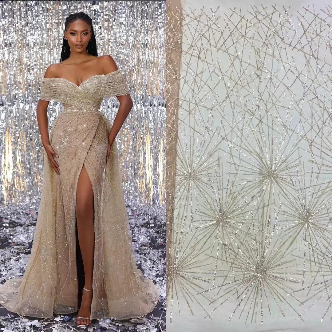 

Luxury Nigerian Sequins Lace Fabric 2023 High Quality Embroidery Handmade Heavy Beaded Lace Fabric Wedding Party XZ5714