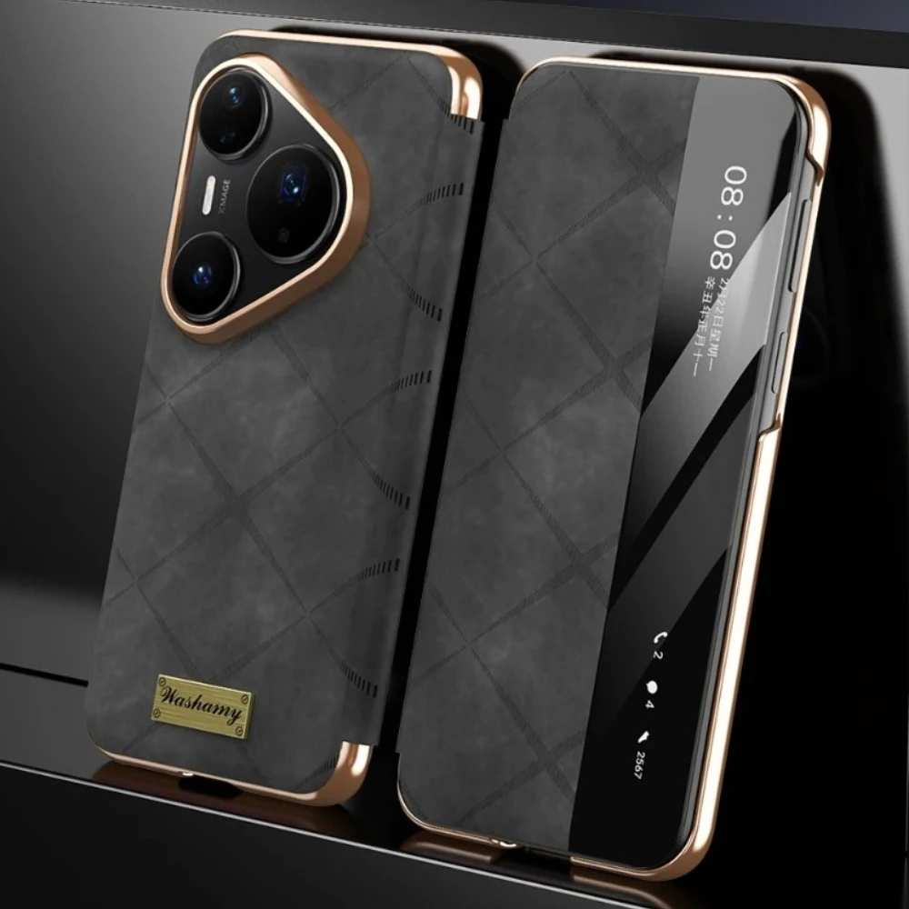 

Leather Phone Case for Huawei Pura 80 Ultra Pura70 Pro Plus Mate 70 Pro + 60 Smart Window No Flip Cover Answering Magnetic Shell