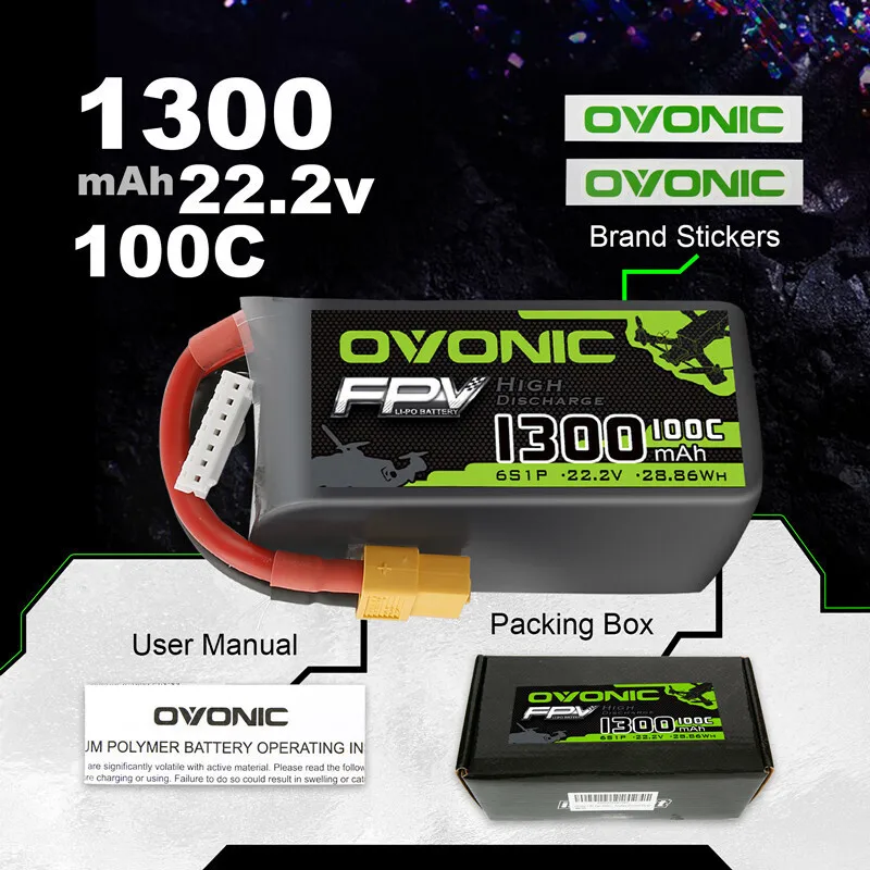Batería Lipo OVONIC 1300mAh 6S XT60 para dron FPV de carreras - imagen 4