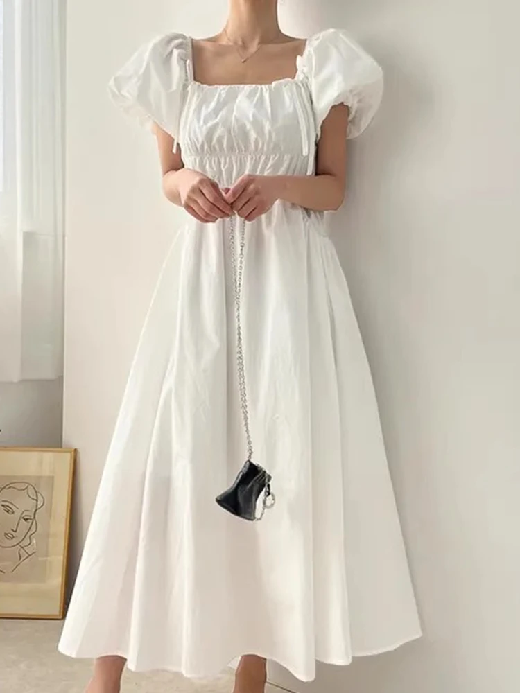 Chic Summer Sweet T Dr with Bowknot Bubble Sve Gathered Waist Slimming Women's Faion Korean Sle High Waist Long...