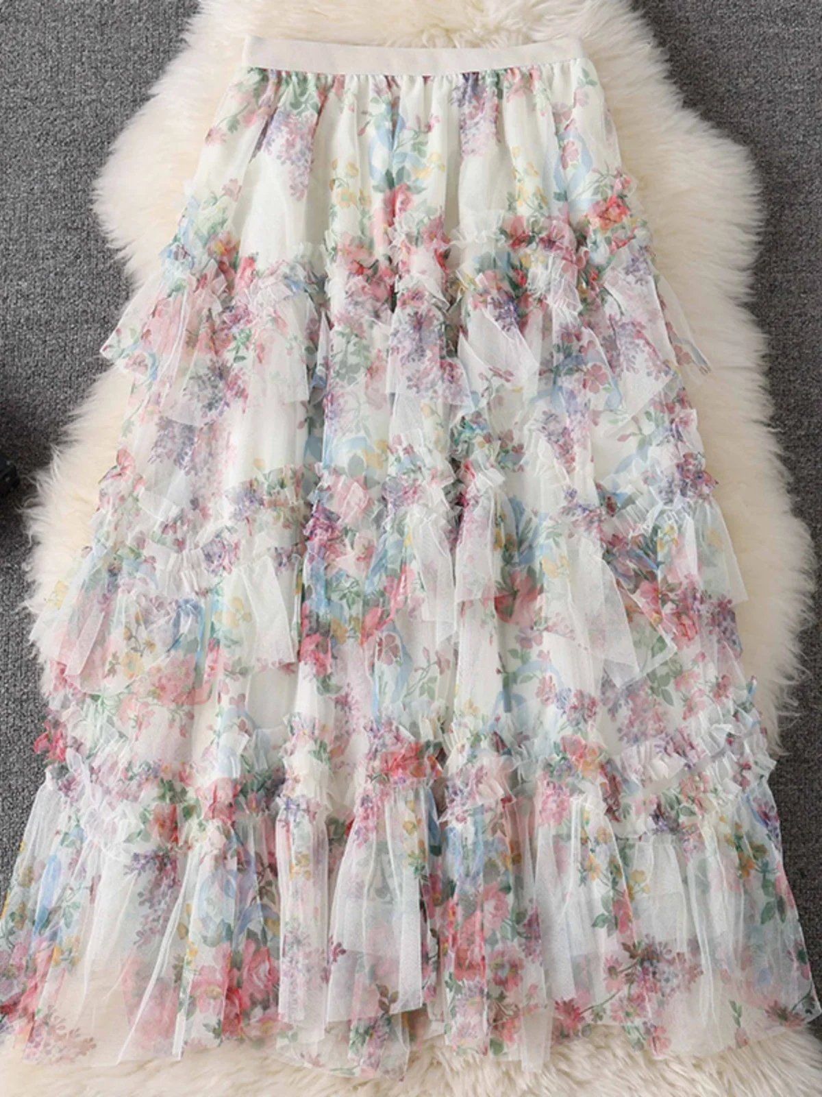 

Юбка из фатина с цветочным принтом, на резинке, многослойная, в стиле ретро, женская, с высокой талией, весна-осень, новинка
