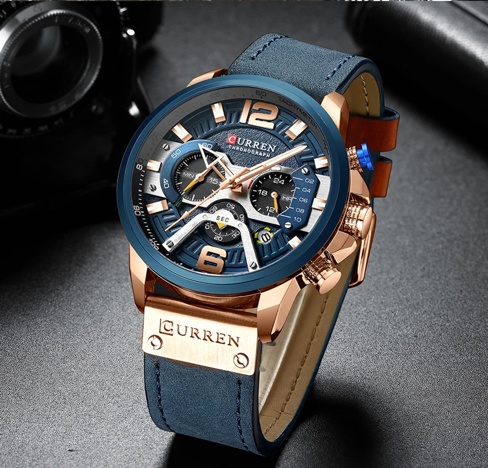 CURREN Watch for Men Blue Casual Sports Watch Fashion Luxury Leather Chronograph Quartz Waterproof Clock relógios masculino