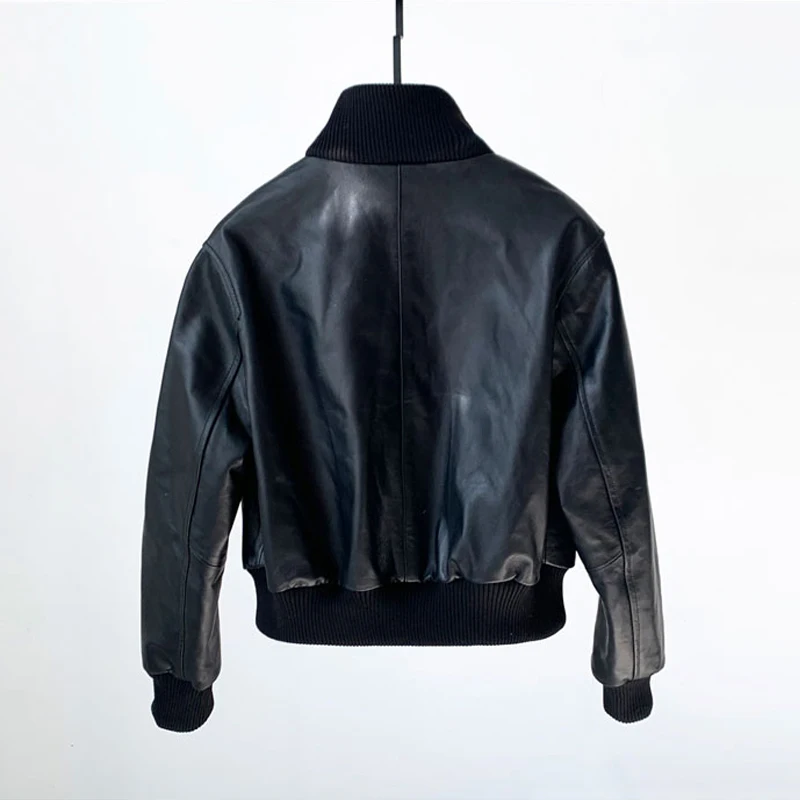 2025 Fall New Sheepskin Moto & Biker Short Jackets Casual Stand Collar Elastic Waist Female Black Slim Real Leather Jackets Coat