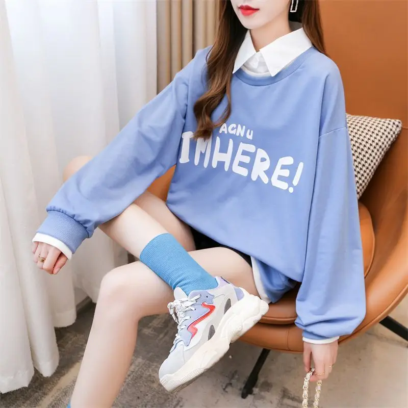 

Fashion Printed Spliced Fake Two Pieces Sweatshirts Female Clothing 2023 Autumn Winter Oversized Casual Tops Korean Sweatshirts