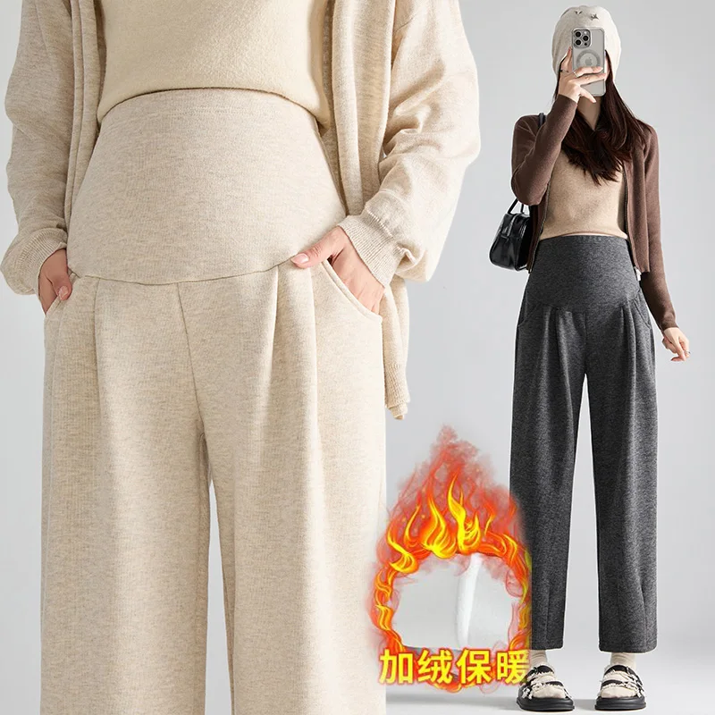 Pregnant Women Abdominal Thickened Fleece Warmth Straight Trousers Maternity Soft Comfort Casual Pants Winter Multicolored