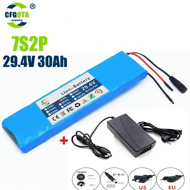 

29V 30ah 7s2p 18650 li-ion rechargeable battery 29.4v 30000mah electric bike moped balancing scooter + 2a charger