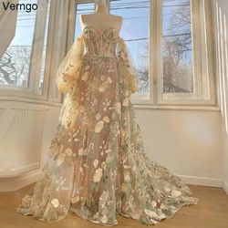 Verngo Floral Embroidery Prom Dresses A-Line Sweetheart Long Puff Sleeves Lace Up Party Gowns Pearls Corset Wedding Dress