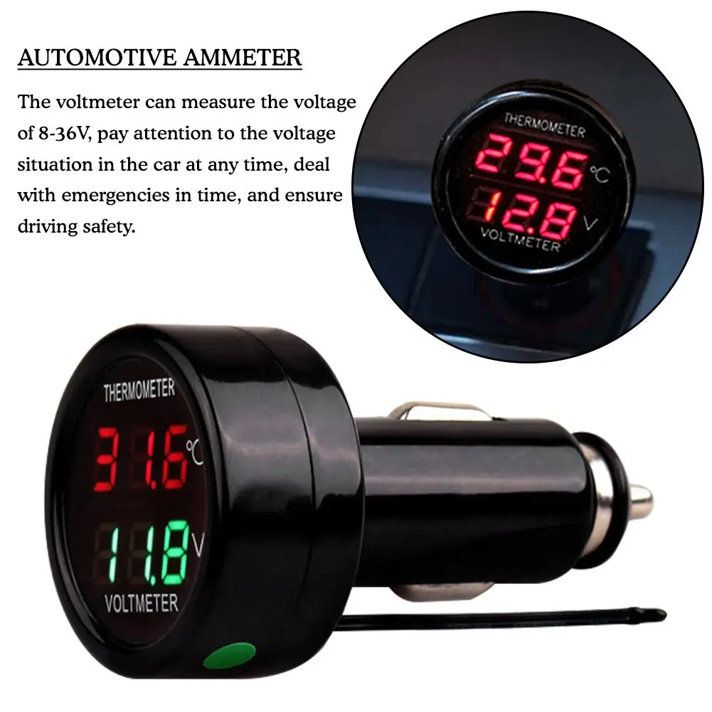 12V 24V Digital DC Voltage Car Voltmeter Thermometer Cigarette Lighter Style 2 in 1 Battery Monitor Voltage Temperature Meter