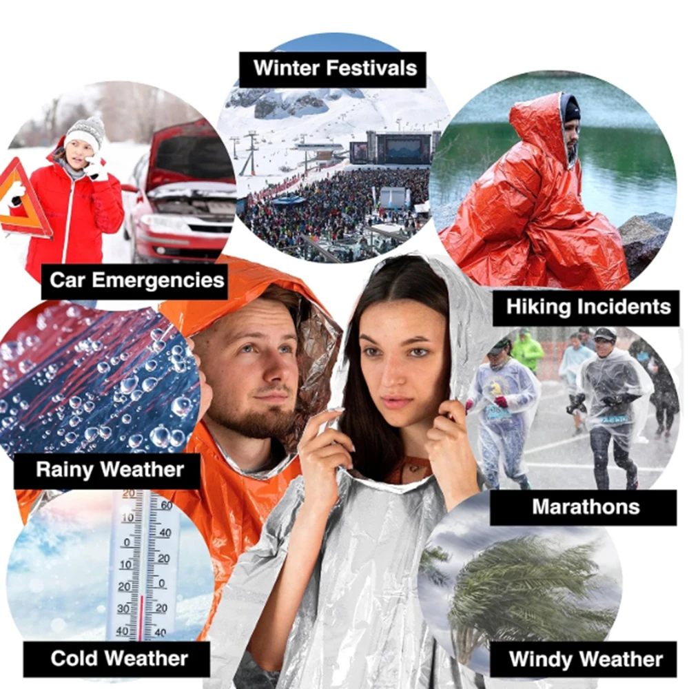 Tragbarer Notfall-Regenponcho für den Außenbereich mit Mylar-Deckenfutter, Thermo-Poncho, wasserdicht, windabweisend, für Camping-Notfälle