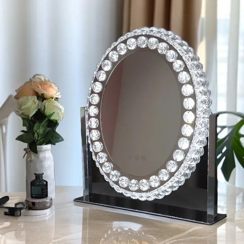 360 Degree Rotating Oval LED Makeup Mirror with Light Luxury Desktop Vanity Mirror for Home Dormitory Large Size High End