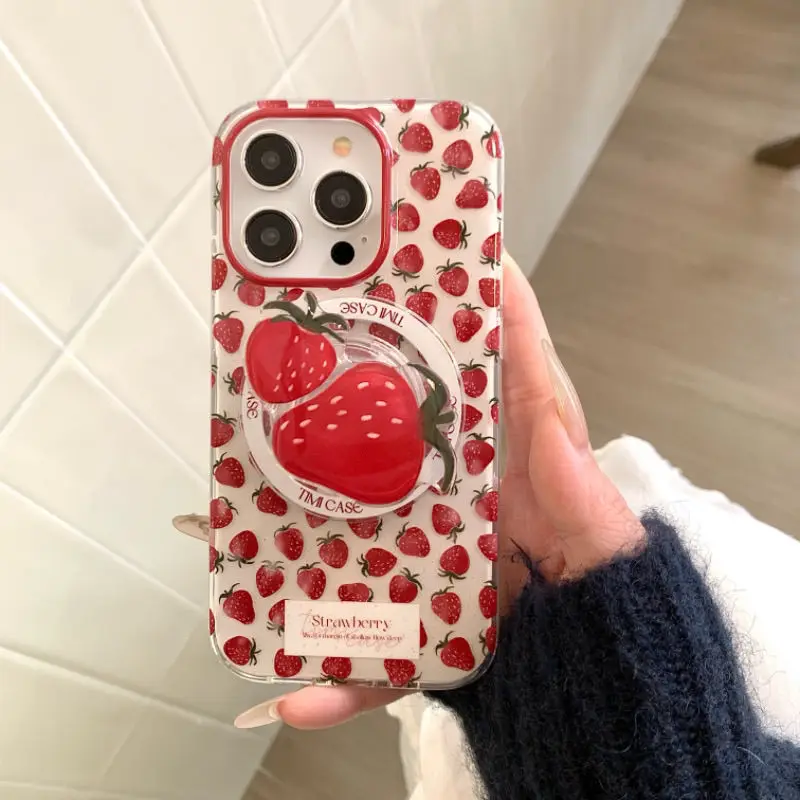 

Корейский чехол для телефона с цветком молочной клубники и подставкой для iPhone 16, Pro Max 15, 14, 13, модный чехол для телефона с защитой от падения для девочек
