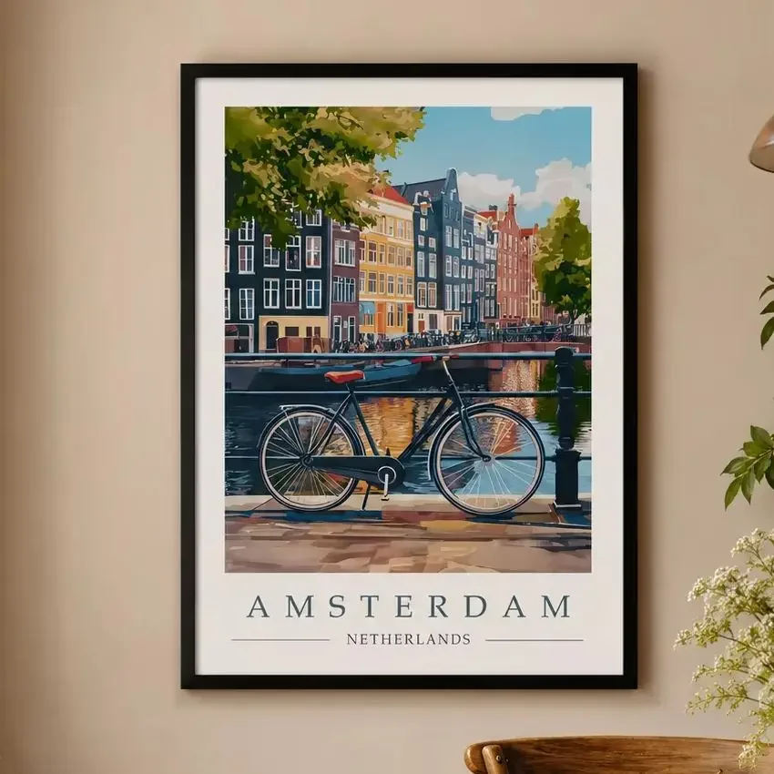 1pc frameless Canvas Painting Amsterdam Travel Print-Amsterdam Bike Poster,Canvas Wall Print,High‑Grade Home Decoration Artwork
