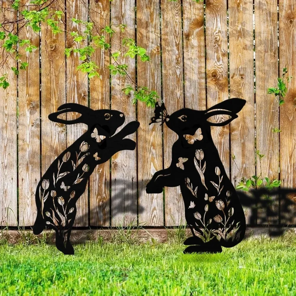 CIFBUY Brand 2pcs Metal Bunny Kitty Garden Stakes, Cute Animal Silhouettes Lawn Yard Decor, Ebony Outdoor Embellishments