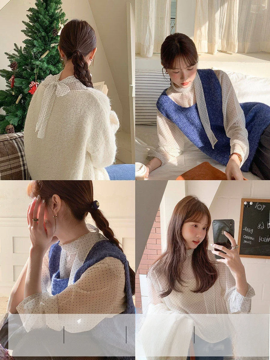 

LINYUNYUN Polka Dot Base irt Korean Sle Layered Wear INS Inner irt Top Breathable Skin-Friendly Lightweight Long Sve...