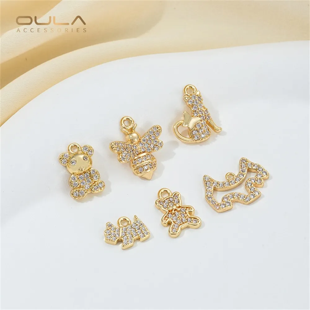 1pcs 14K Gold-plated Cartoon Dog, Cat, Bear, Bee Pendant, Zircon Diy Animal Series Handcrafted Pendant