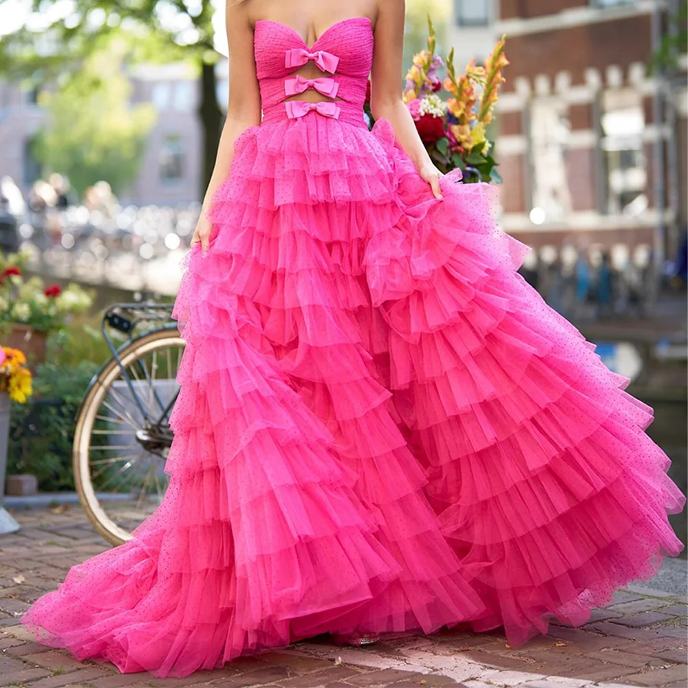 Bow Zipper Back Sweep Train Sleeveless Tulle Tiered Sweetheart Strapless Floor Length A-Line Exquisite and Classic Party Dress