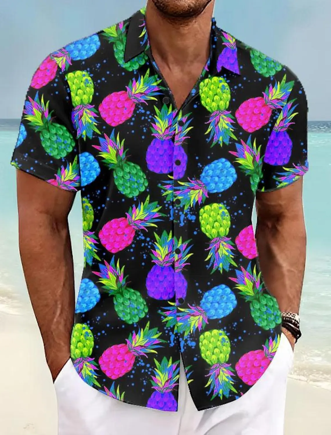 Camisa tropical de abacaxi masculina, manga curta, tecido elástico, férias casuais, verão, primavera, verão, primavera